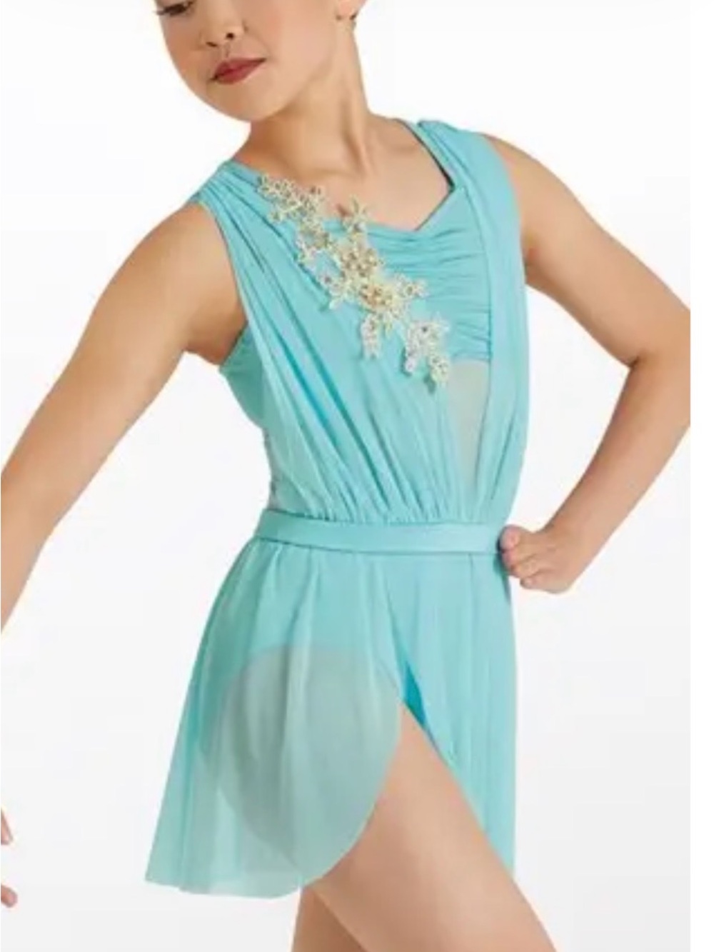 Weissman Aqua Dance Leotard with Gold Floral Appliqué